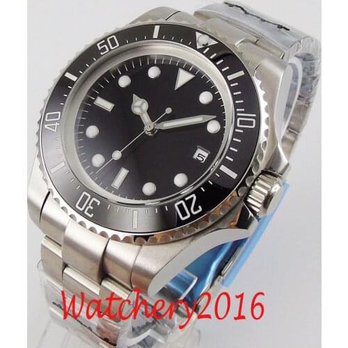 Round Self Winding Mens Watch Black Dial Steel Strap Luminous Marks 44mm Automatic Watch Auto Movement