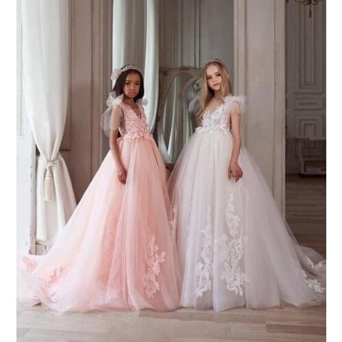 3D Lace Appliques A-line Tulle Princess Flower Girl Dress for Wedding V Neck Children Pageant Gown Communion Dresses