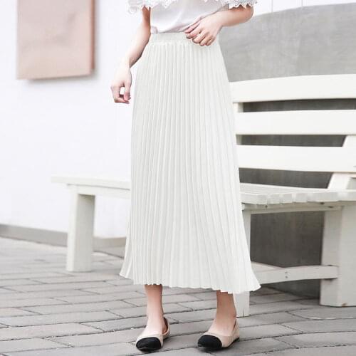 Summer White Large Size Pleated Dance Skirt Korean Sweet Cute School Girls Long High Waist Female Elastic Waist Skirts Womens