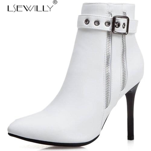 Lsewilly punk zipper buckle strap PU leather thin high heels black red white yellow ankle boots fall winter shoes booties women