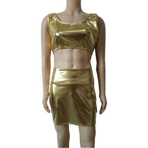 Fashion Shiny metallic Women Sexy Tank Tops Pole Dance with Mini Short Skirts Nightwear Clubwear Crop Top Party Clothes 2pcs/set
