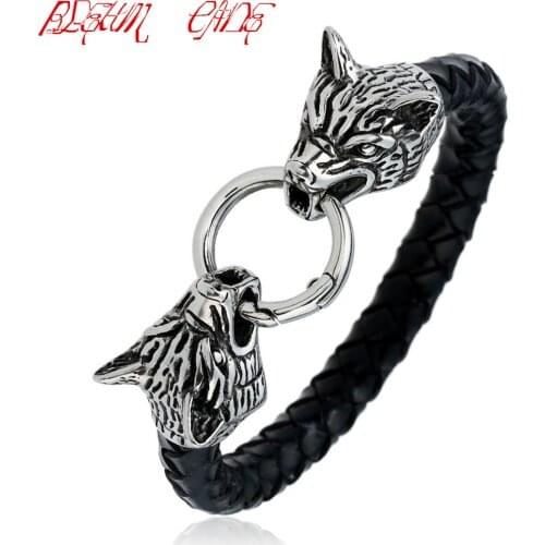 Hiphop/Rock Genuine Leather Stainless Steel Wolf Bracelets & Bangles Rock Jewelry Fashion Mens Bracel 7.5-8.5 Inch
