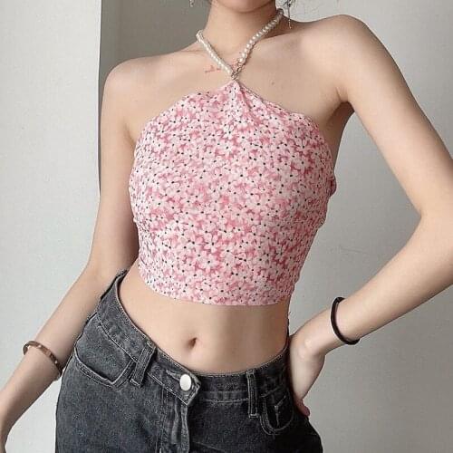 Young Girl Floral Print Pearl Halter Backless Top Summer Lace Up Sleeveless Crop Tops Tees Women Fashion Y2K Camisole Streetwear