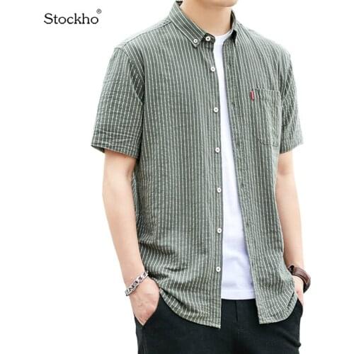 Mens Clothes 2021 Summer Mens Short-Sleeved Shirt Tops Fashion T-Shirt Striped Tops Korean Short-Sleeved Casual Jackets 18-35Y