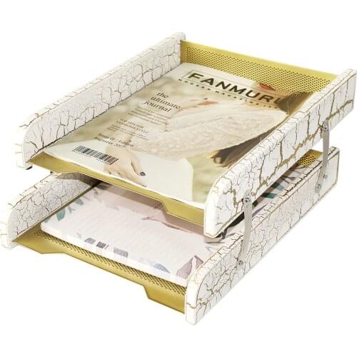 New White Stone Texture Golden Double Layer Practical Office Shelf Folder Metal Mesh Rack Folder Storage Box Case