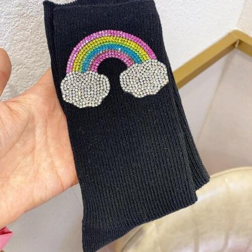 2021 New High Quality Fashion Girl Black White Diamond Rainbow Medium High Tube Candy Color Rhinestone Crystal Color Pile Socks