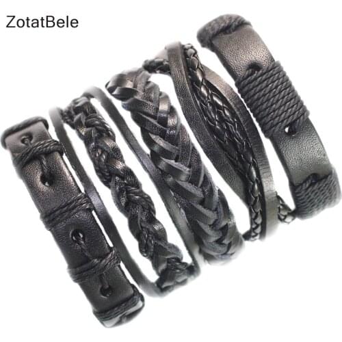 New 5Pcs/Set Vintage Multilayer Leather Bracelet Men Fashion Braided Handmade Rope Wrap Bracelets&Bangles Male Gift F72