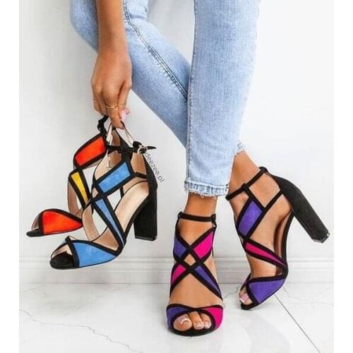 New Arrivals Colorful Block Heels Women Sandals Cut-out Peep Toe Geometric Patchwork Women Sqaure Heels Sandals High Heel Shoes