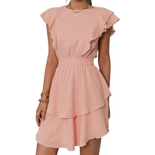 Solid Color Cotton Female Chic Dresses Fashion Solid Ruffled Mid-length High Waist Vestidos 2021 Sleeveless Summer Women Dress