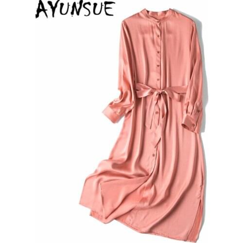 Real Silk Dress Women Spring Autumn Dress Korean Office Lady Pink Dress Elegant Party Dresses Woman Vestidos Mujer LQ2893 YY2823