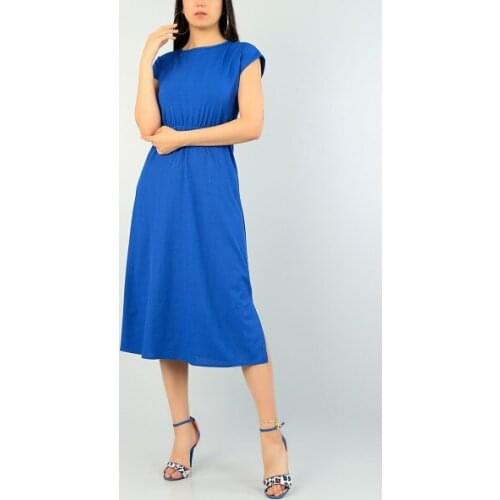 NEW SEASON FASHION SUMMER WOMEN BLUE BELİ LASTİKLİ KRİNKIL DRESS 70466