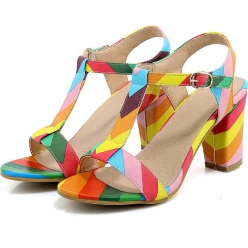 T Strap High Heels Sandals Block Heel Womens Shoes 2020 Open Toe Buckle Strap Summer Elegant Ladies Shoes Plus Size9 10 42 43 44