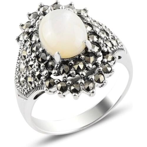 Silver 925 Sterling Pearl & Marcasite Ring