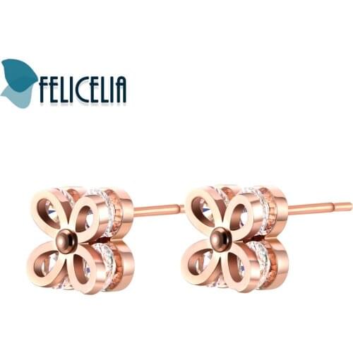 Felicelia Rose Gold Tone Stainless Steel Stud Earrings For Women Girls Cubic Zirconia Crystal Earrings Korean Style Jewelry