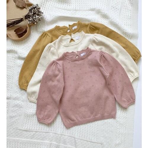 New Autumn Korean Style Baby Girls Knitted Sweaters Solid Color Hollow Out Tops Toddlers Kids Pullovers Sweater