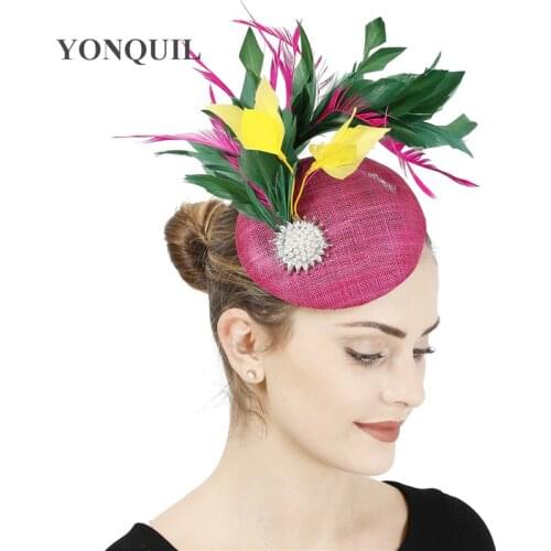 High Quality 4-Layer Sinamay Wedding Hot Pink Fascinator Headband Elegant Women Chuch Cocktail Formal Headpiece Fancy Feathers