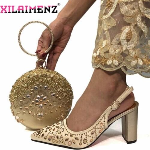 Mature Style 2020 New Coming Shoes and Bag Set in Gold Color Women Special Decorate with Rhinestone for Wedding