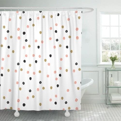 Shower Curtain Blue Pastel Vintage Doodle Pattern with Black Pink and Gold Dots Polka Cute Design for Projects Green Waterproof