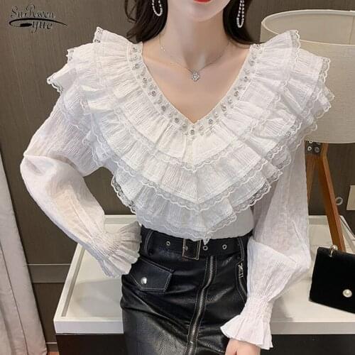 2021 Fashion Chiffon Ruffle Blouse with Lace Women Elegant Big V-neck Vintage Shirt for Women Flare Long Sleeve Top Blusas 16891