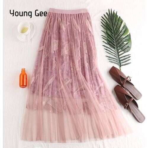 Young Gee Leaves Embroidery Beading Tutu Lace Mesh Skirt Women Elegant Tulle Long Pleated Ball Gown Princess Skirt Streetwear