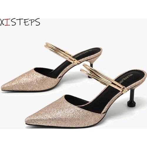 Sequins Women Sandals 2021 Spring Summer Pointed Toe Party Dress Shoes Double Wear Slippers Female Sandalia Mujer Gold Sandals