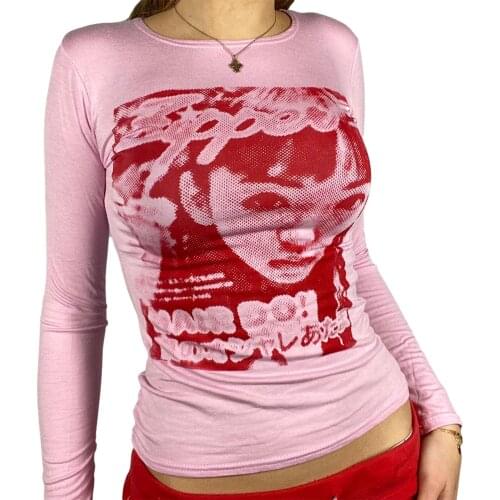 Female Long Sleeve Tops Adults Human Face Print Round Collar T-Shirt Blouse for Women Pink/White/Black/Red