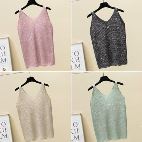 Sexy girls V Neck Tank tops Women Sleeveless inside the bottom coat ice silk knit vest strap worn outside the star hot drilling