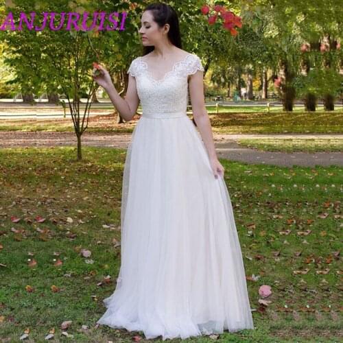 ANJURUISI 2020 A Line Tulle Wedding Dresses V Neck Short Sleeves Backless Lace Bridal Gown Boho Wedding Gowns vestido de noiva