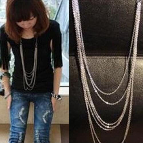 70% HOT SALE Fashion Vintage Style Multi-Layer Women Silver Tone Sweater Long Chain NecklaceFemale Jewelry Collar