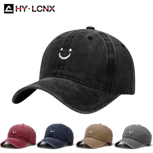 Spring Mens Smiley Face Embroidery Solid Color Caps Womens Fashion Cotton Washable Adjustable Sun Baseball Caps