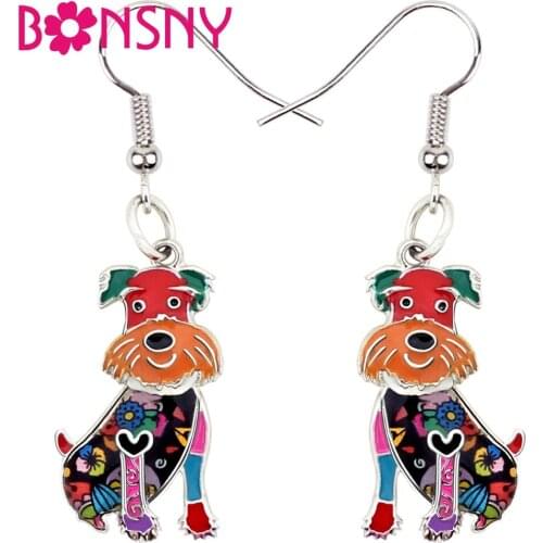 Bonsny Enamel Alloy Floral Happy Sitting Schnauzer Dog Earrings Drop Dangle Big Long Novelty Animal Jewelry For Women Girls Gift