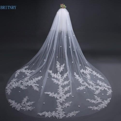 BRITNRY Hot Sale Ivory Cathedral Wedding Veil Long Lace Bridal Veil with Comb Blusher Veil Wedding Accessories Real Pictures