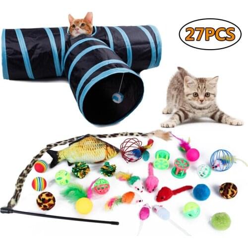 27PCS Cat Toy Collapsible Cat Tunnel Toy 3 Holes Play Tube Funny Cat Stick Mouse Ball Bell Set Pet Cat Kitten Interactive Toys