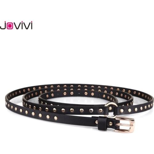 Jovivi 1pc Fashion Women Belt Punk Rivet Belts Waist Accessories Skinny Exquisite Thin Leather Waistband For Ladies Black Color