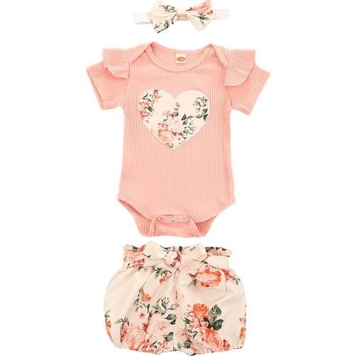 Baby Girl Summer Clothes Set, Ruffle Short Sleeve Rib Knit Romper + Floral Shorts + Headband Set