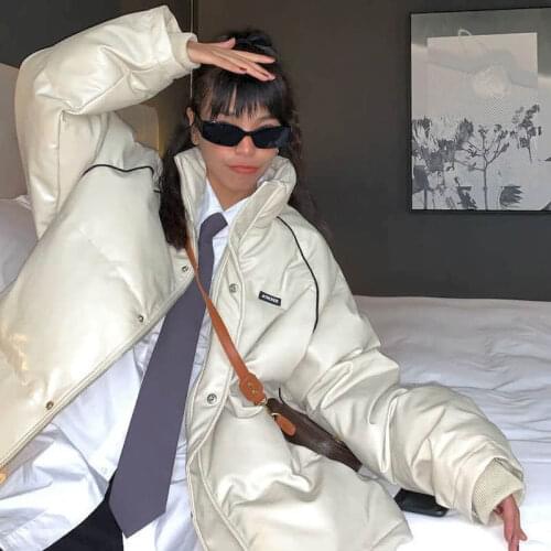 Herstory Faux Leather Cotton-padded Jacket Winter Thick Warm Oversize Stand Collar Down Coat Harajuku Korean Oversize Parkas