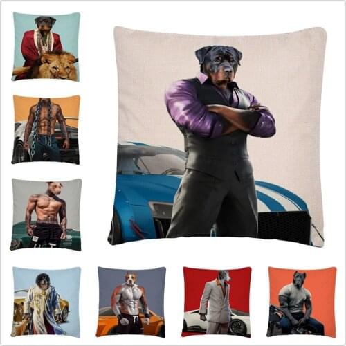 Bulldog Tough Guy Cartoon Pattern Linen Cushion Cover Pillowcase Home Sofa Car Decoration Pillowcase45X45Cm