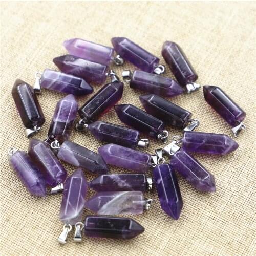 Wholesale Natural Stone Quartz Crystal Pendant Purple Agates Pendant Hexagon Column Pendant Leather Chain Necklace Fashion Charm