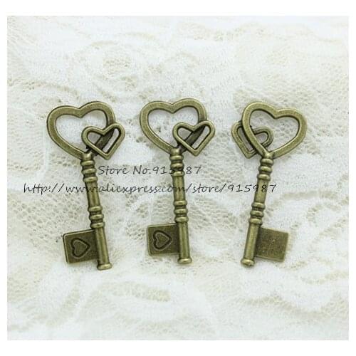 Sweet Bell Free shipping 20pcs Antique Bronze Alloy 19*42mm Lovely Heart Keys Charms Findings Pendants Jewelry Making D0796