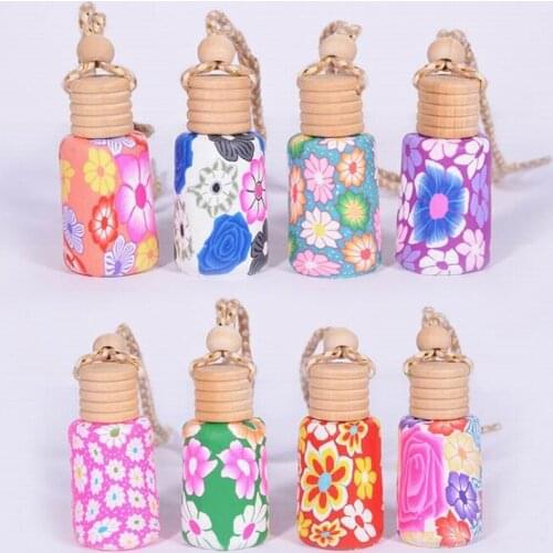Mix Design Hanging Rope Polymer Clay Bottles Empty Essential Oil Perfume Container Car Decoration Air Freshener with Wooden Caps