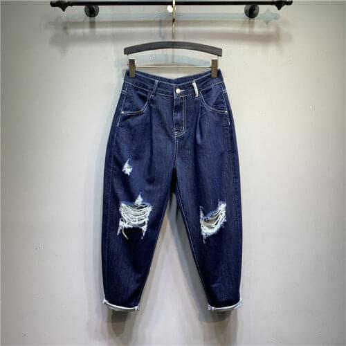 Dark Blue Big Hole Denim Daddy Jean Female 2021 New Summer Fashion Harem Pants Loose Large Size Thin Denim Pants