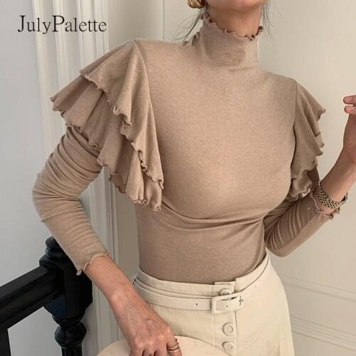 JulyPalette Double Layer Ruffled Women Shirt Blouse Spring Long Sleeve Casual Solid Top Shirt Cotton White Slim Female Blouse