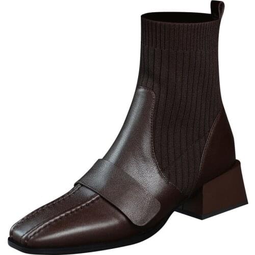 Womens Boots 2021 New Brown Knitted Stitching Short Boots Womens Thick Heel Soft Leather Square Toe Elastic Socks Boots
