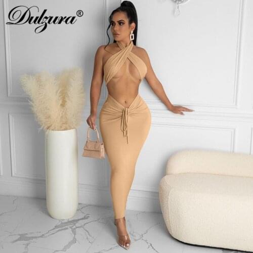 Dulzura Solid Women 2 Piece Set Halter Crop Top Lace Up Drawstring Ruched Midi Dress Bodycon Sexy Elegant Party 2021 Summer