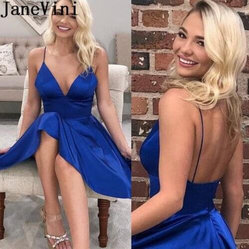 JaneVini Sexy V Neck Royal Blue Short Cocktail Dresses A Line Backless Satin Women Party Graduation Gowns Robe Cocteleria 2019