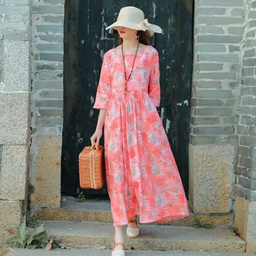 2021 New Arrival Spring Autumn Dress Print Floral Linen Cotton Vintage Prairie Chic Dress Women Travel Casual Summer Long Dress