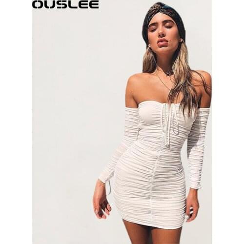 OUSLEE Strapless Dress Women 2021 Sexy Off Shoulder Long Sleeve Mini Dresses Ruched Drawstring Elastic Bodycon Party Short Dress