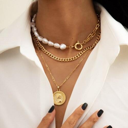 Women Pearl Portrait Coin Pendants Layered Necklace Multi Layers Choker Clavicle Chain Wedding Party Jewelry