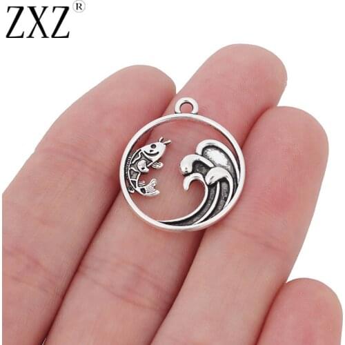 ZXZ 20pcs Fish & Ocean Wave Round Circle Charms Pendants Beads for Necklace Bracelet Jewelry Making 22x22mm