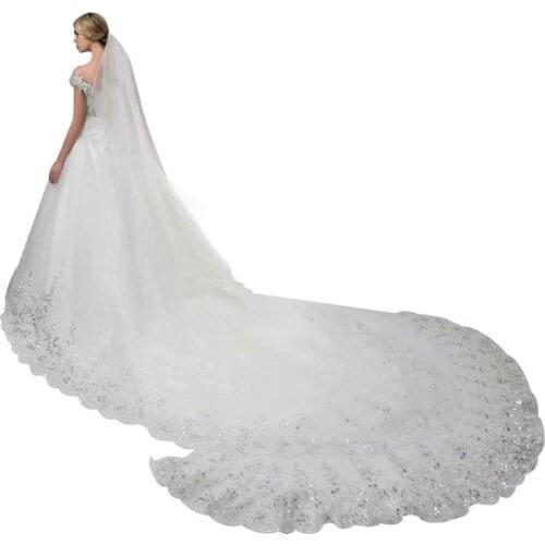 4x1.8M 1 Tier Womens Glitter Sequins Floral Lace Trim Wedding Veil Jewelry Scalloped Cathedral Length Romantic Tulle Bridal